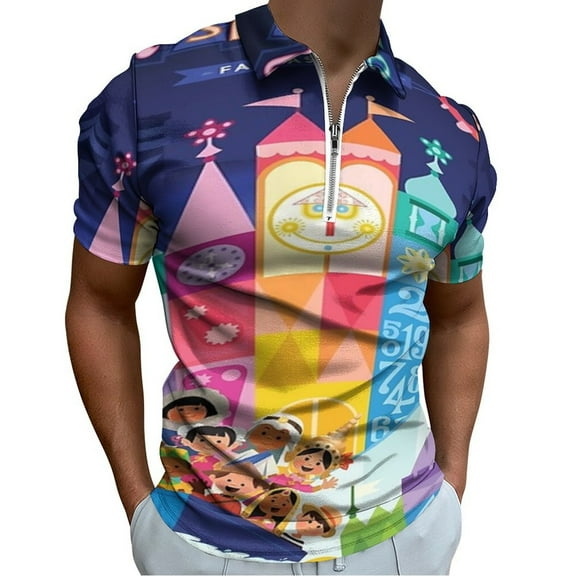 Small World Fantasyland Men Zipper T-shirt Summer Casual Short Sleeve T-shirt Top