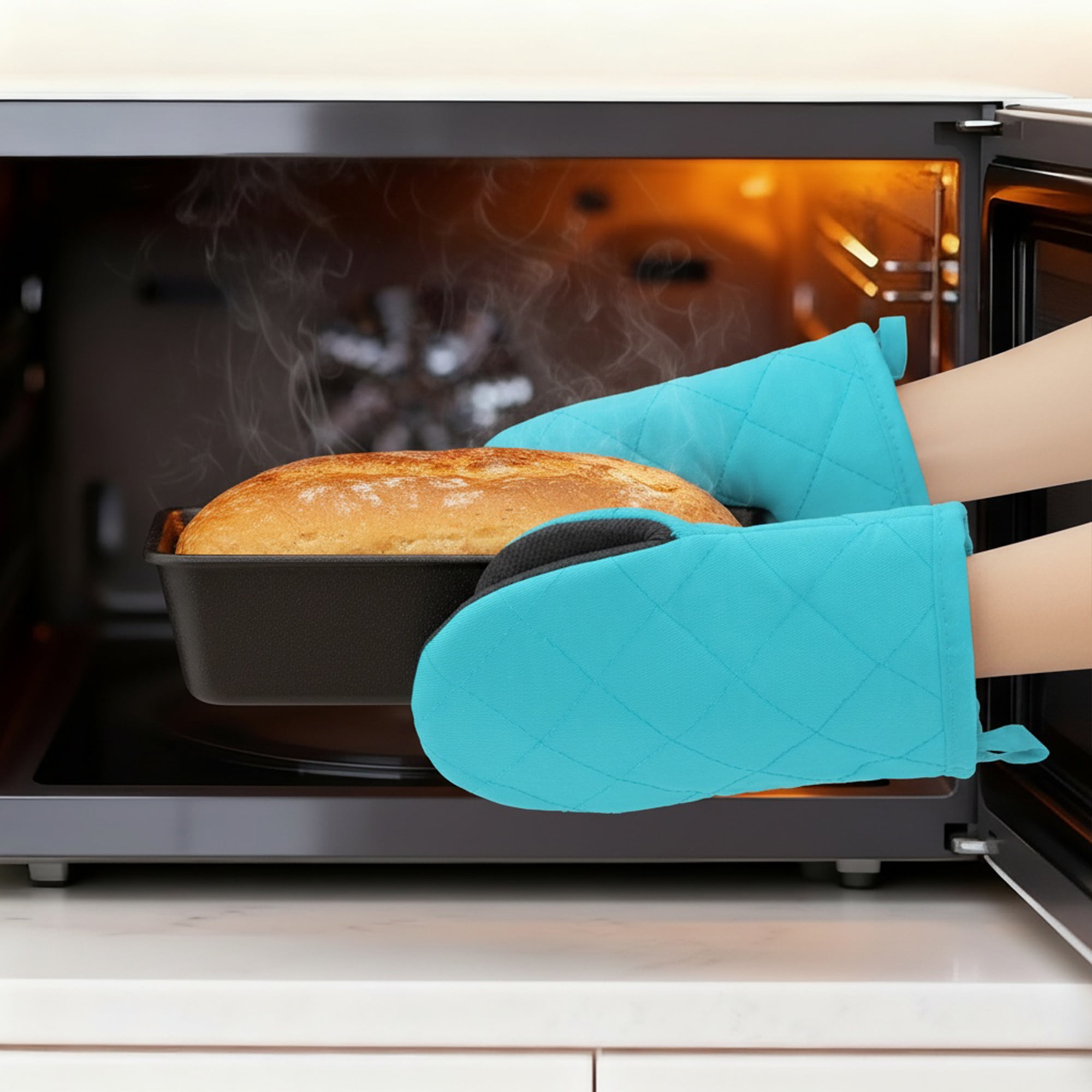 Unique Bargains Oven Mitts Heat Resistant Cooking Gloves Blue 7.9x5.7inch