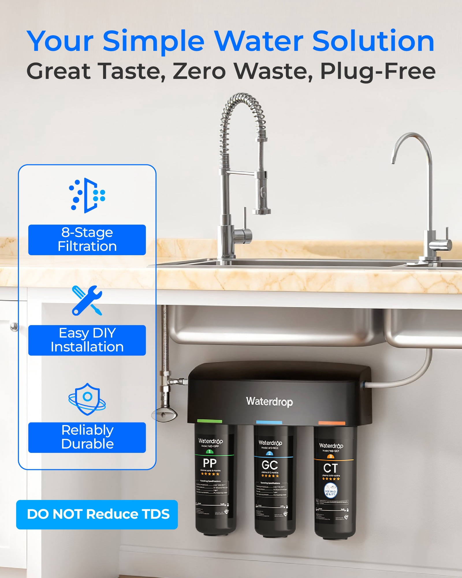 Waterdrop TSB 8 Layer Under Sink Water Filter, Reduces PFAS, PFOA/PFOS, Fluoride, Chlorine, Bad Taste & Odor, with Dedicated Faucet, NSF/ANSI 42 Certified Element, USA Tech Water Filtration System