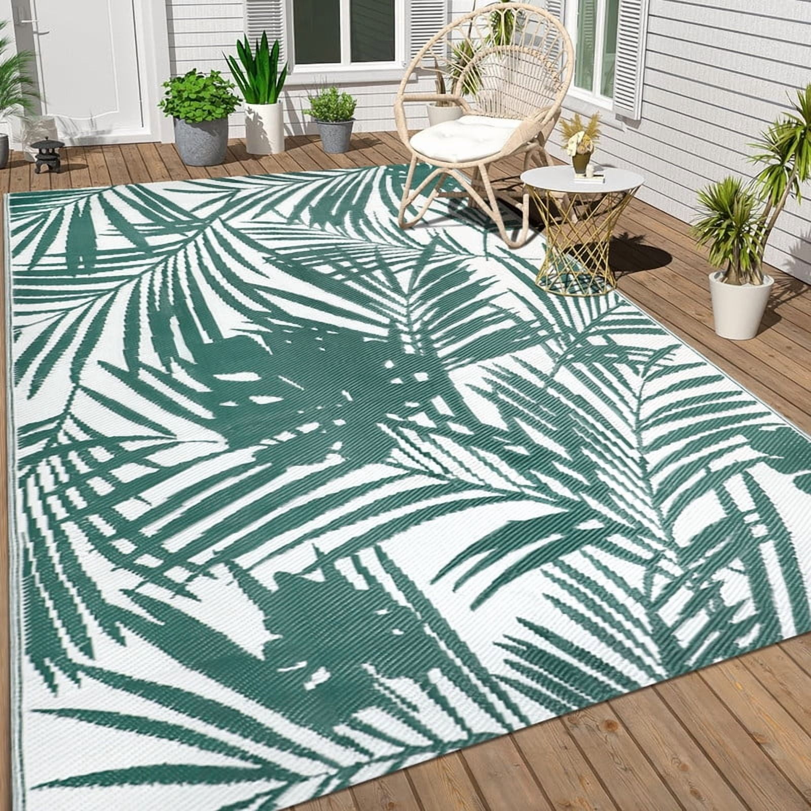 Aonewoe Outdoor Rug 6x9 Waterproof Reversible Plastic Straw Camping Rugs for Outside RV, Indoor Outdoor Area Rugs for Patio,Deck,Porch,Balcony, Green & White