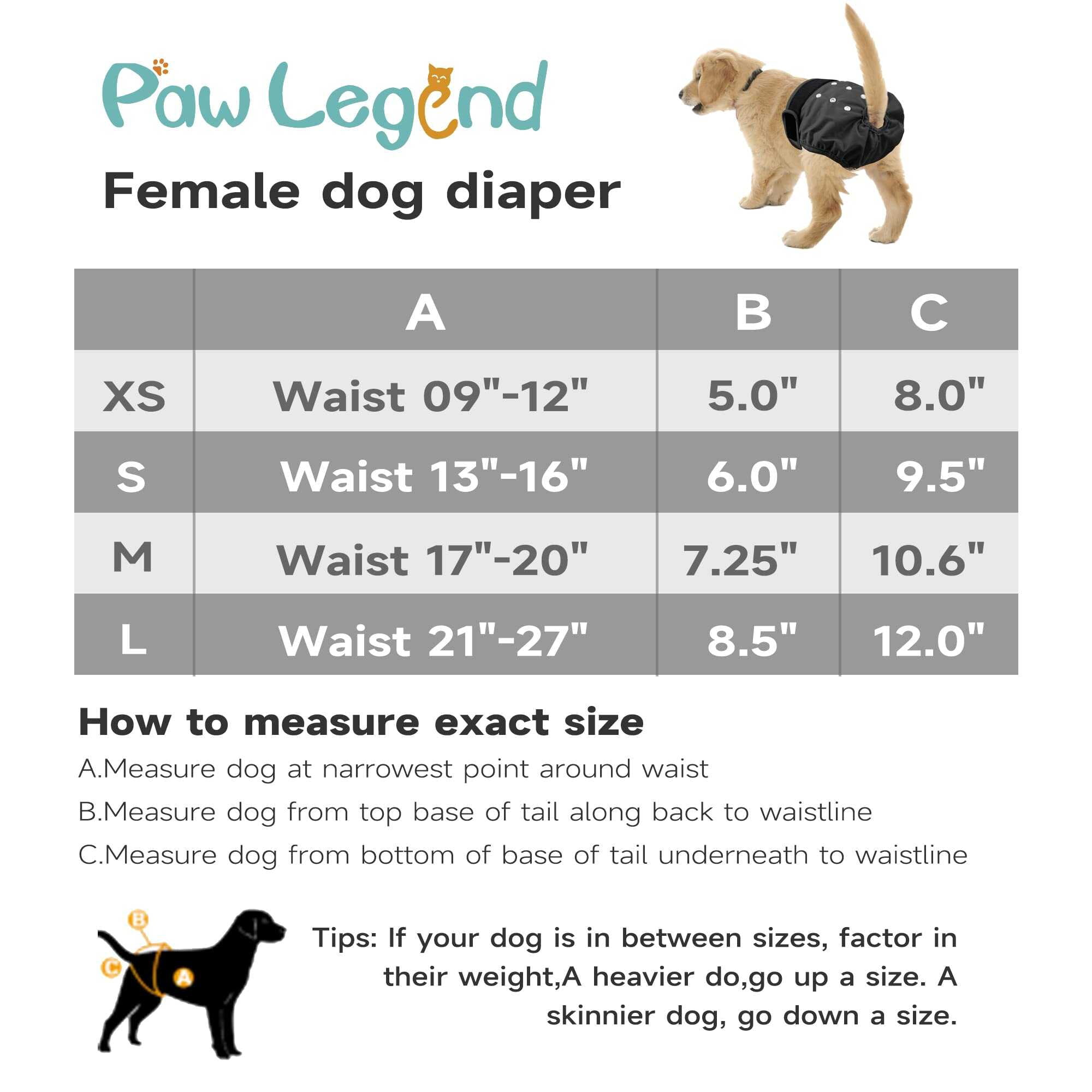 Paw Legend Reusable Female Dog Diapers Pack of 3, No Leak Doggie Diapers for Heat Cycle, Black, Medium