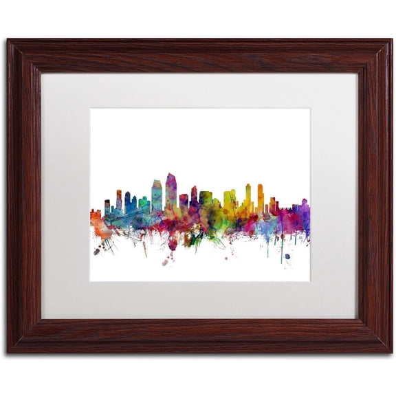 San Diego California Skyline' Canvas Art by Michael Tompsett, White Matte, Wood Frame