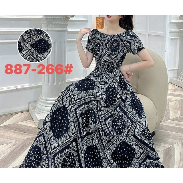 JUNWELL Robe Vestidos Maxi Longue Robe Femmes Été Vêtements Indiens Bohème Coton Lin Floral Manches Courtes Style Coréen Décontracté