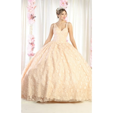 

Layla K LK168 Juniors Womens Floral Applique Corset V-Neck Quinceanera Ball Gown
