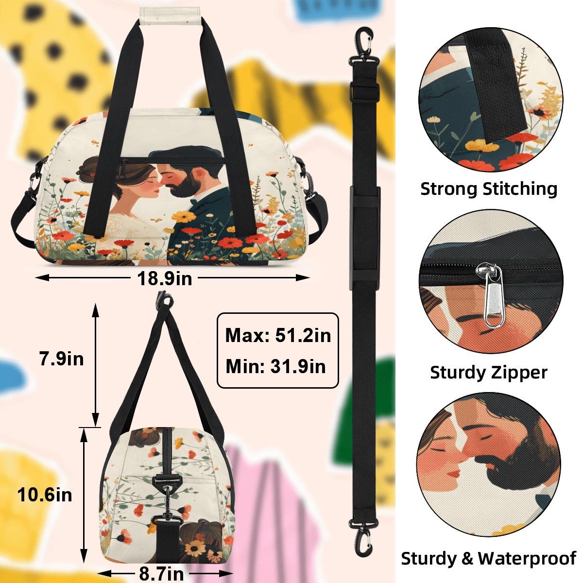 Herdesigns Wedding Theme Sports Duffle Bag for Women & Men, Lovers Couple Gym Bag Dance Bag Overnight Bag Carry On Weekender Travel Bag
