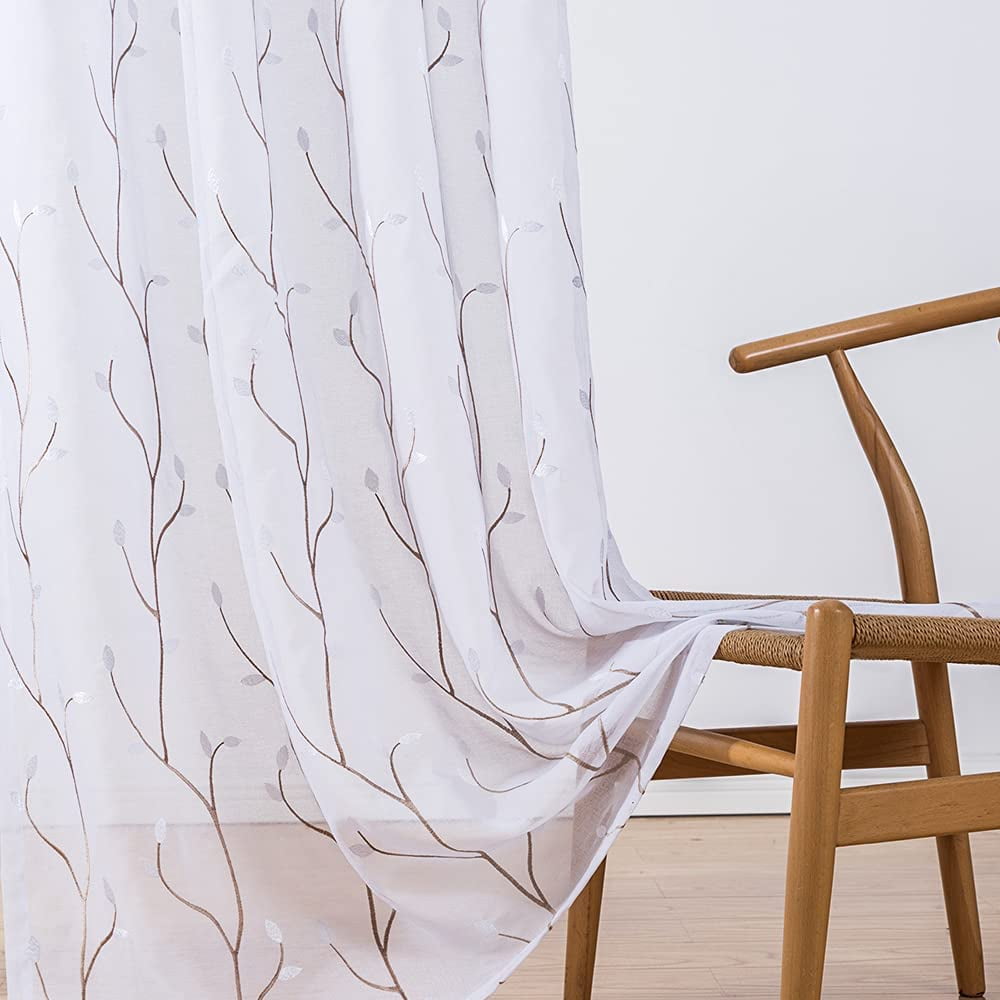 Curtainking Sheer Curtains Floral Embroidery Drapes 63 inch Voile Light Filtering Window Curtain Set for Living Room Bedroom Grommet 2 Panels White