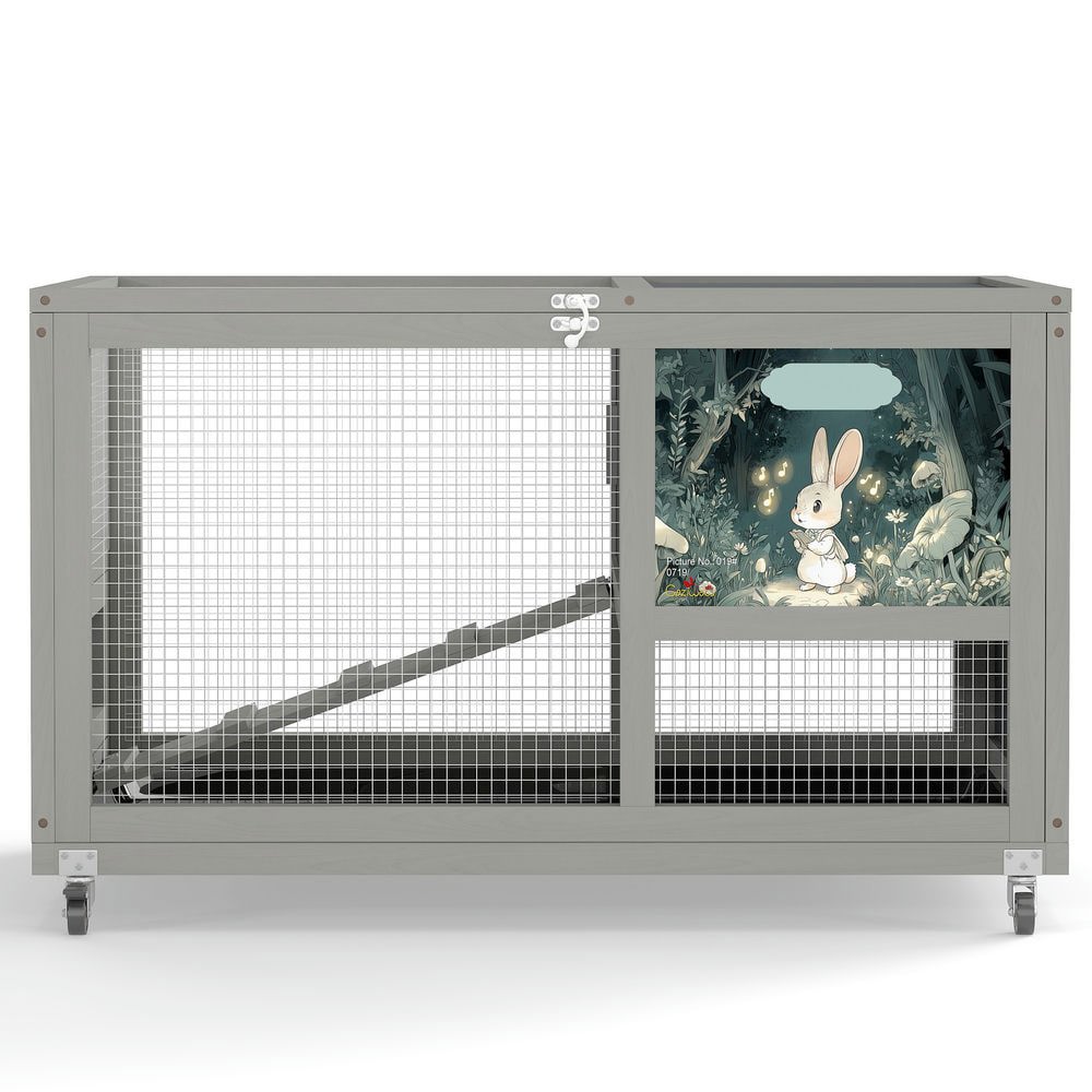 Resenkos 2-Tier Rabbit Hutch, Wooden Cage with Rollers, Removable Roof, Stairs, Easy-Clean Tray, Guinea Pig Home, Gray With Colorful Patterns