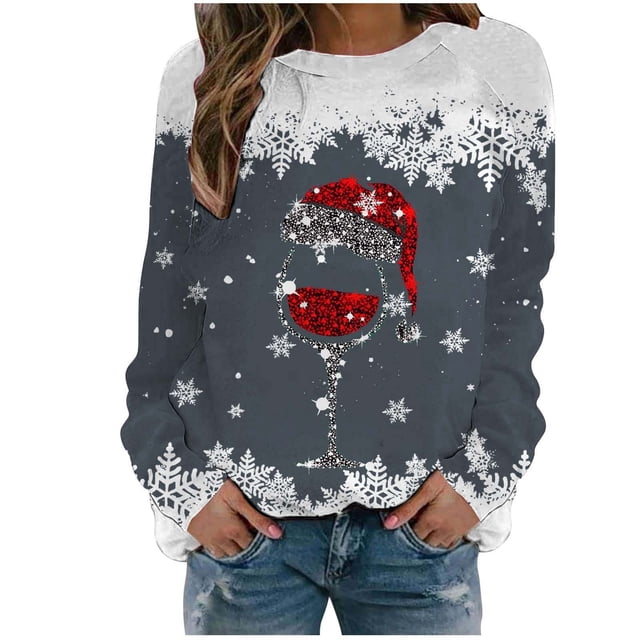 Fgnfyis Chandails en Molleton de Sport Décontractés à Manches Longues Raglan Col Rond Imprimé Flocon de Neige Rouge de Noël pour Femmes Doublé Gris Foncé L