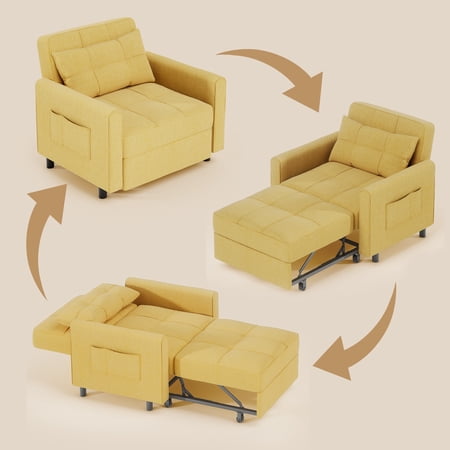 3-in-1 Convertible Sofa Bed,Jolifa Futon Chair Bed with Wheels, Adjustable Angles for Small Rooms & Dorms, Yellow