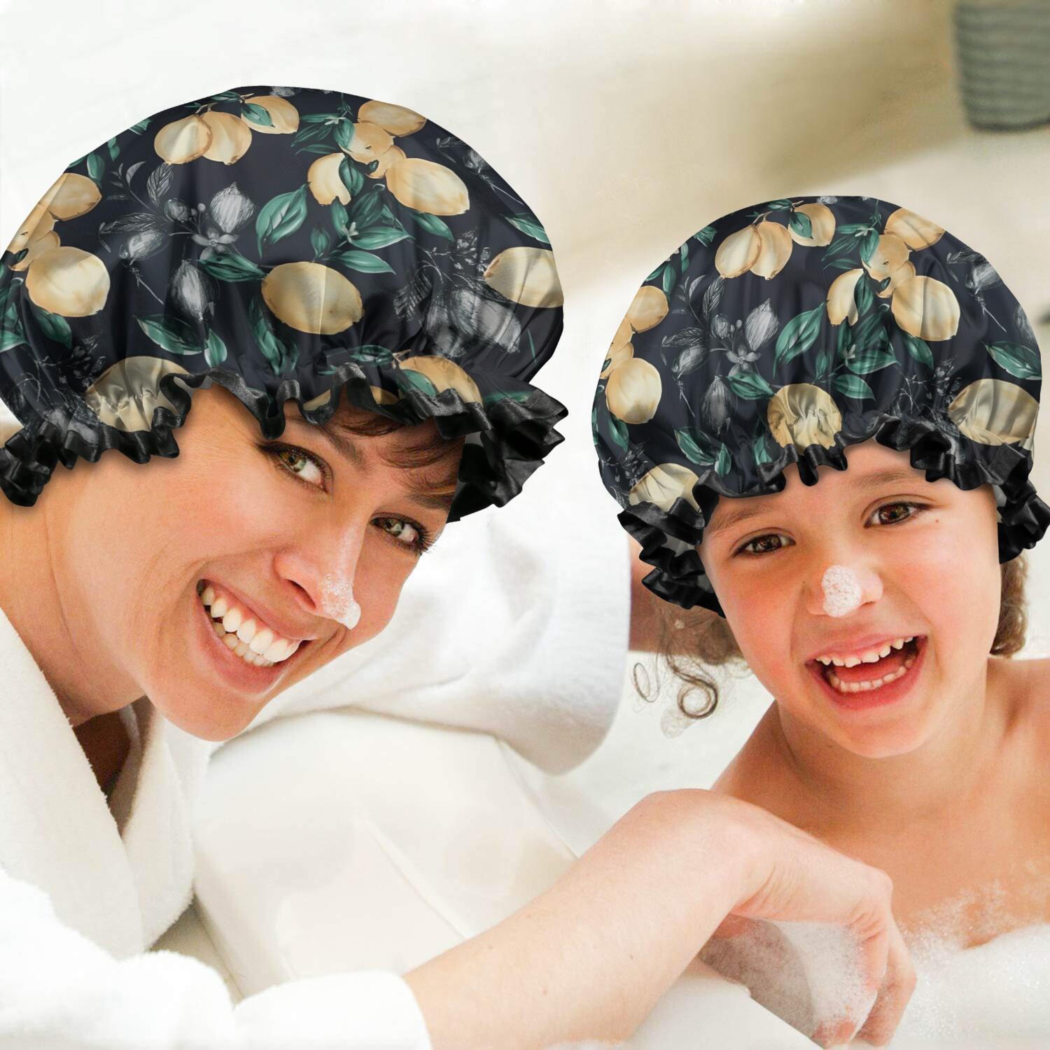 Shower Caps,Yellow Lemon Fruit Leaves Black Pattern Waterproof Shower Cap for Women 4 Pieces,Double Reusable Hair Cover for Shower PEVA Elastic Stretch Hem