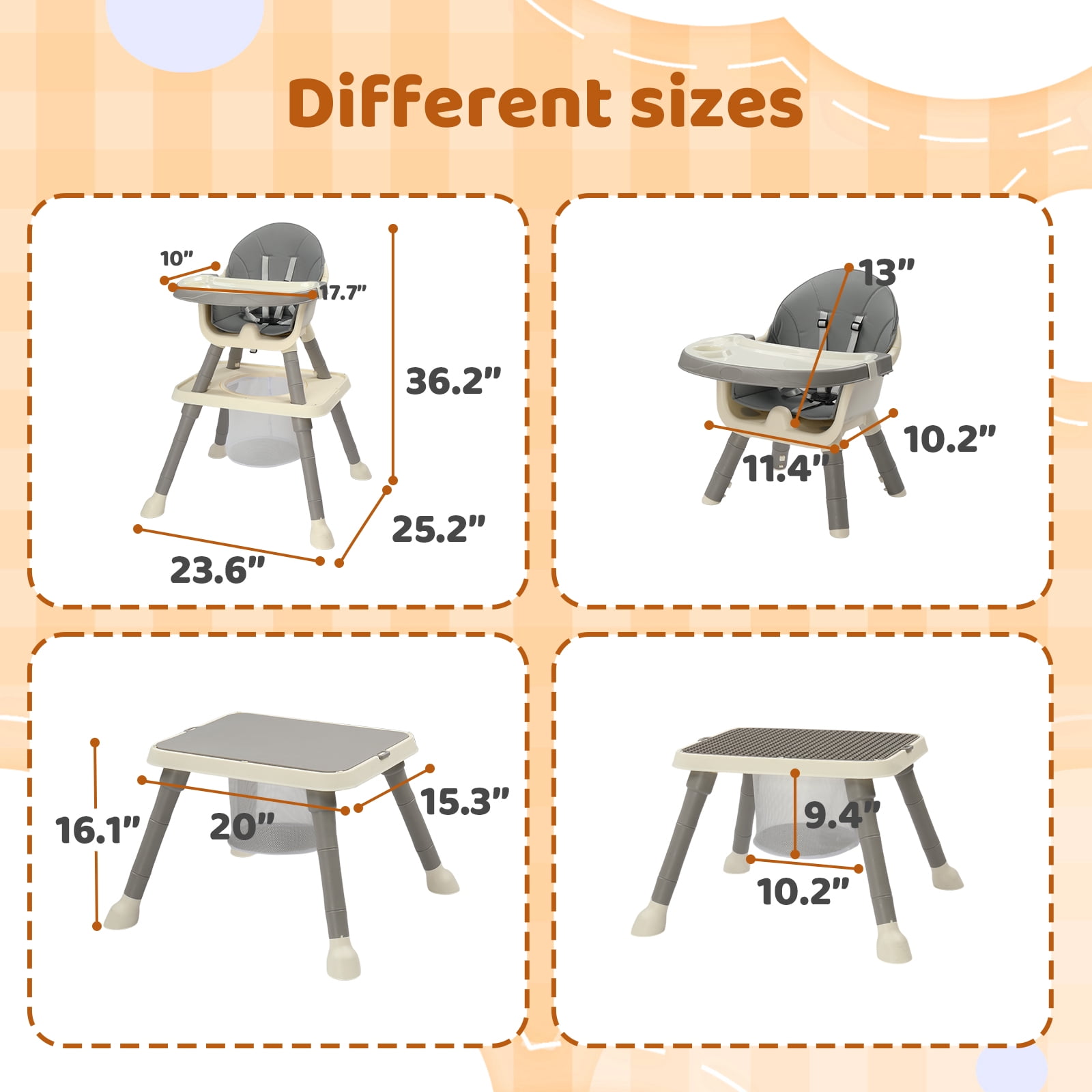 PEXMOR 7 in 1 Convertible Baby High Chair, Leather Cushion Eating Table Chair Set for Babies Toddlers, Gray