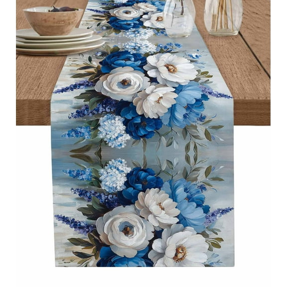 Hokiten Table Runners 120 Inches Long Dress Scarves, White Blue Spring Floral Farmhouse Coffee/Dining/Kitchen Table Runner for Living Room, Vintage Flowers Farmhouse 13x120 Inch