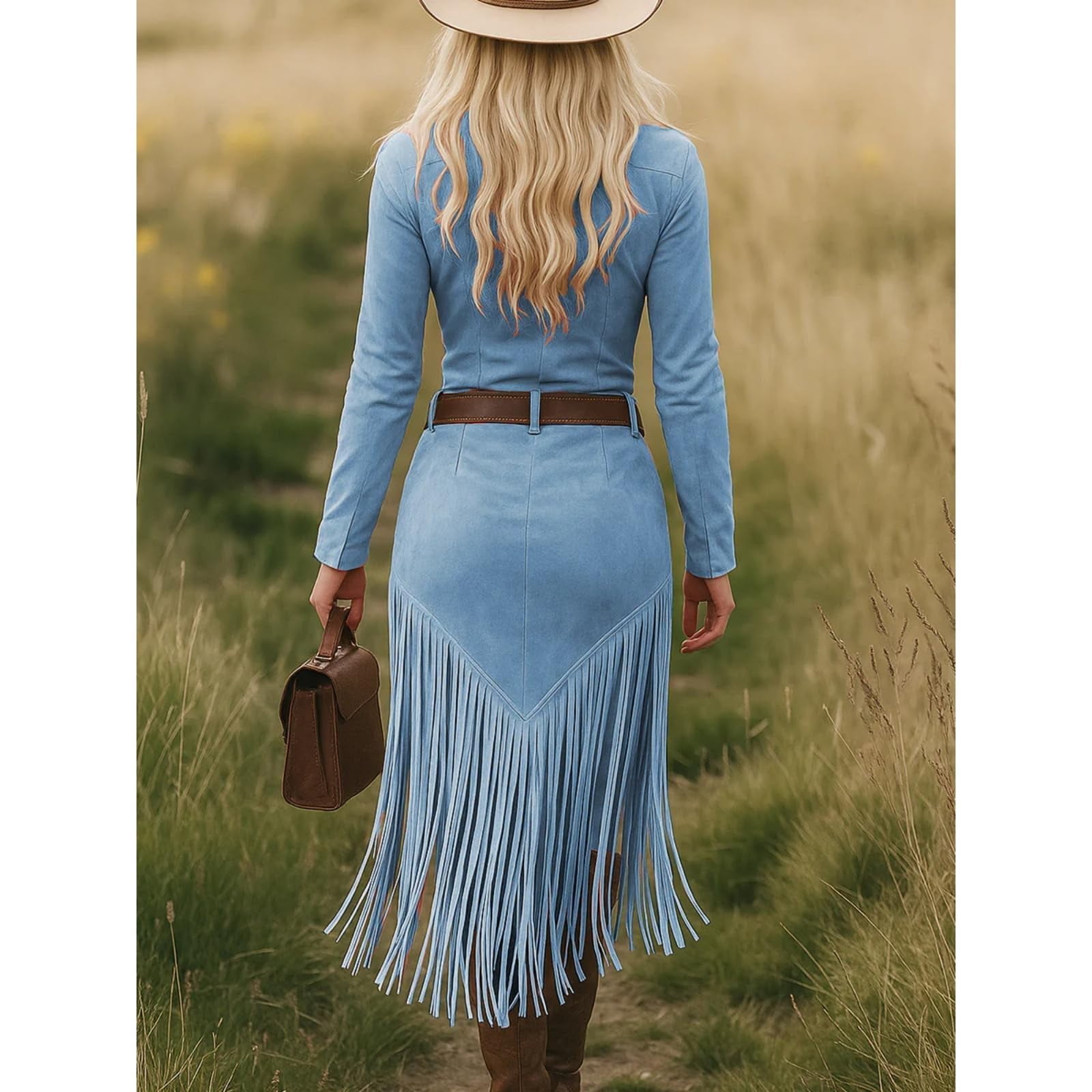 Women's Western Cowgirl Suede Dress Vintage Long Sleeve Slim Fit Fringe Dress Zip Collared Vacation Outfits without Belt
