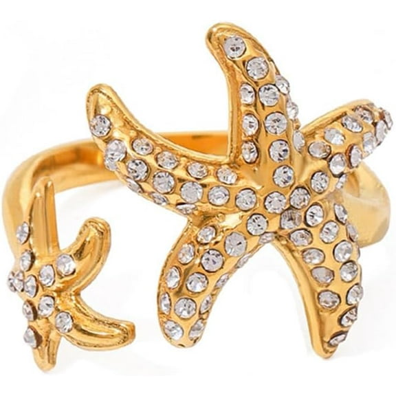 Starfish Ring for Women 18K Gold Plated Adjustable Open Band Cubic Zirconia Sea Star Statement Ring Hypoallergenic Stainless Steel Trending Aesthetic Beach Jewelry for Summer Vacation Daily Wear