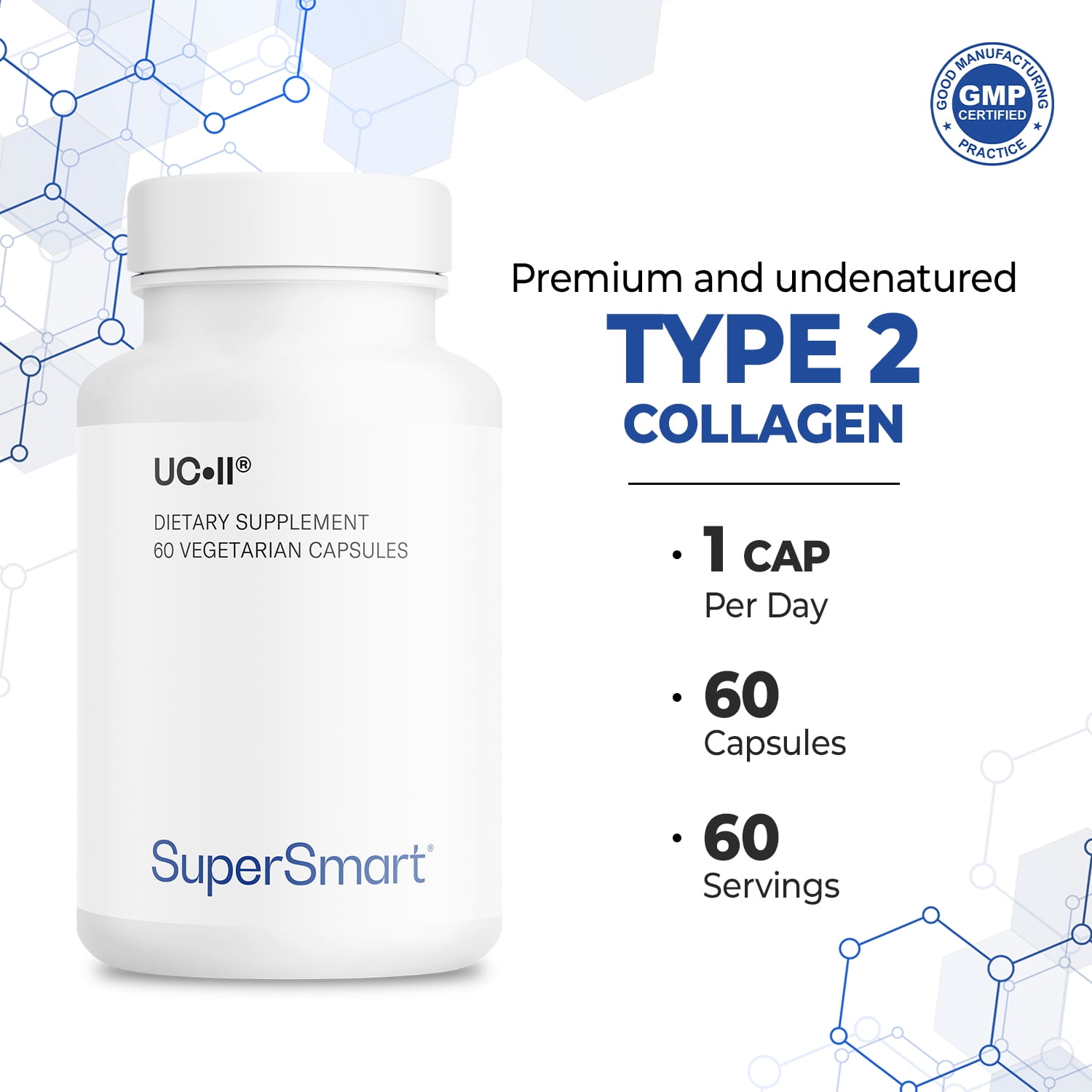 SuperSmart UC II Supplement 40mg per Day (Premium Collagen) - Undenatured Type II Collagen Supplement | Non-GMO & Gluten Free - 60 Vegetarian Capsules
