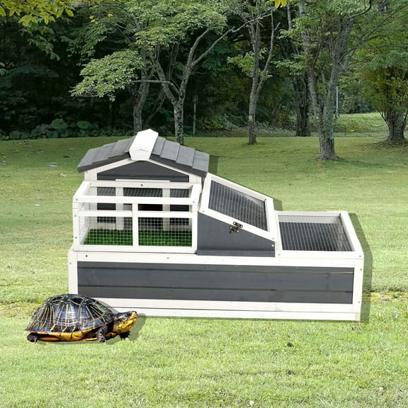 ZephyPaws 3-Room Tortoise Habitat with Turf Balcony & 2 Stories, Indoor Outdoor Wooden Tortoise Enclosure with Ladder, Tray, Openable Roof, Large Reptile Cage, Luxurious Turtle House Villa (Gray)