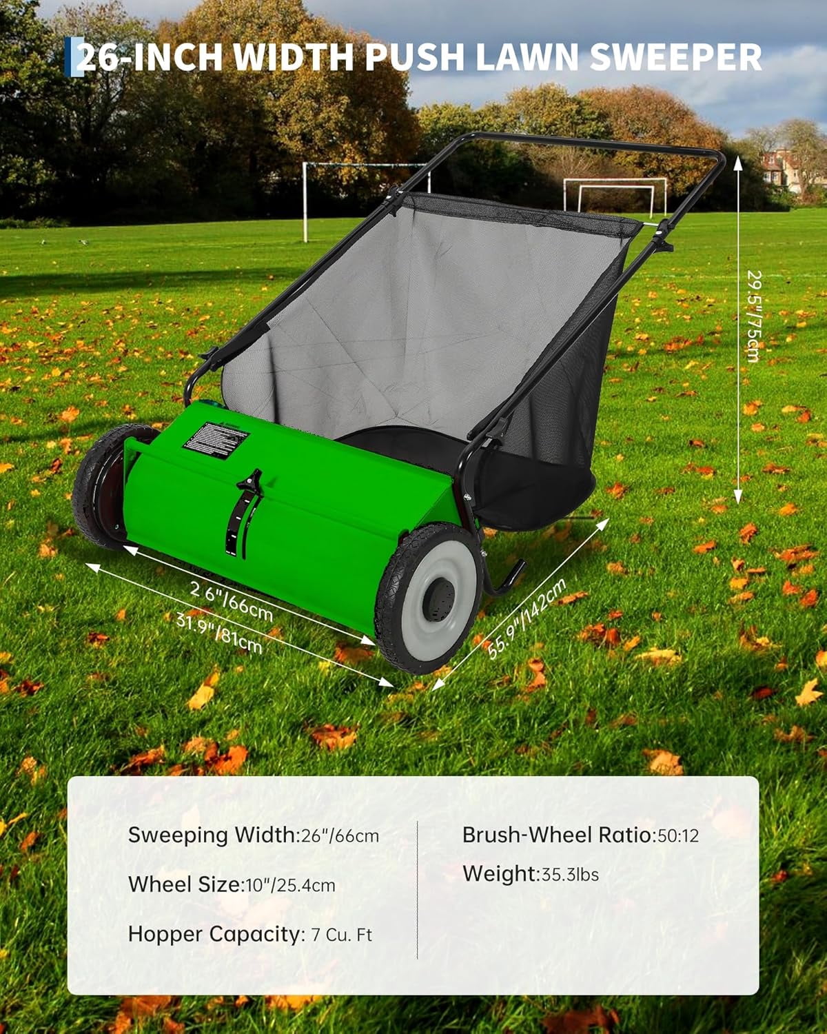 Light Green 26-Inch Push Lawn Sweeper, 7 Cu. Ft. Hopper Capacity Leaf & Grass Collector with 4 Spinning Brushes, Adjustable Height, for Grass Clippings, Leaves & Debris