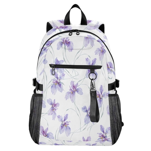 Full‑Print Casual Laptop Backpack, 20L Water‑Resistant Twill Tote Daypack with 14 Inch Computer Compartment for School Business Travel Delicate Purple Iris Design
