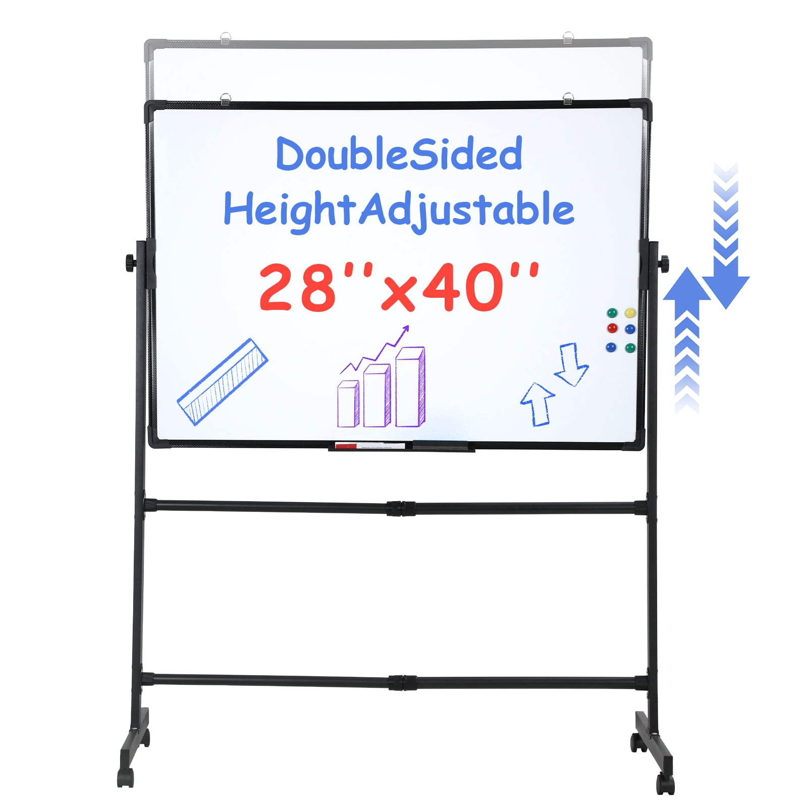 Rolling Dry Erase Board, 40 x 28 Inch Large Magnetic Mobile Standing Whiteboard, Height Adjustable Double Sided Easel Style White Board with Stand for Office, Classroom & Home