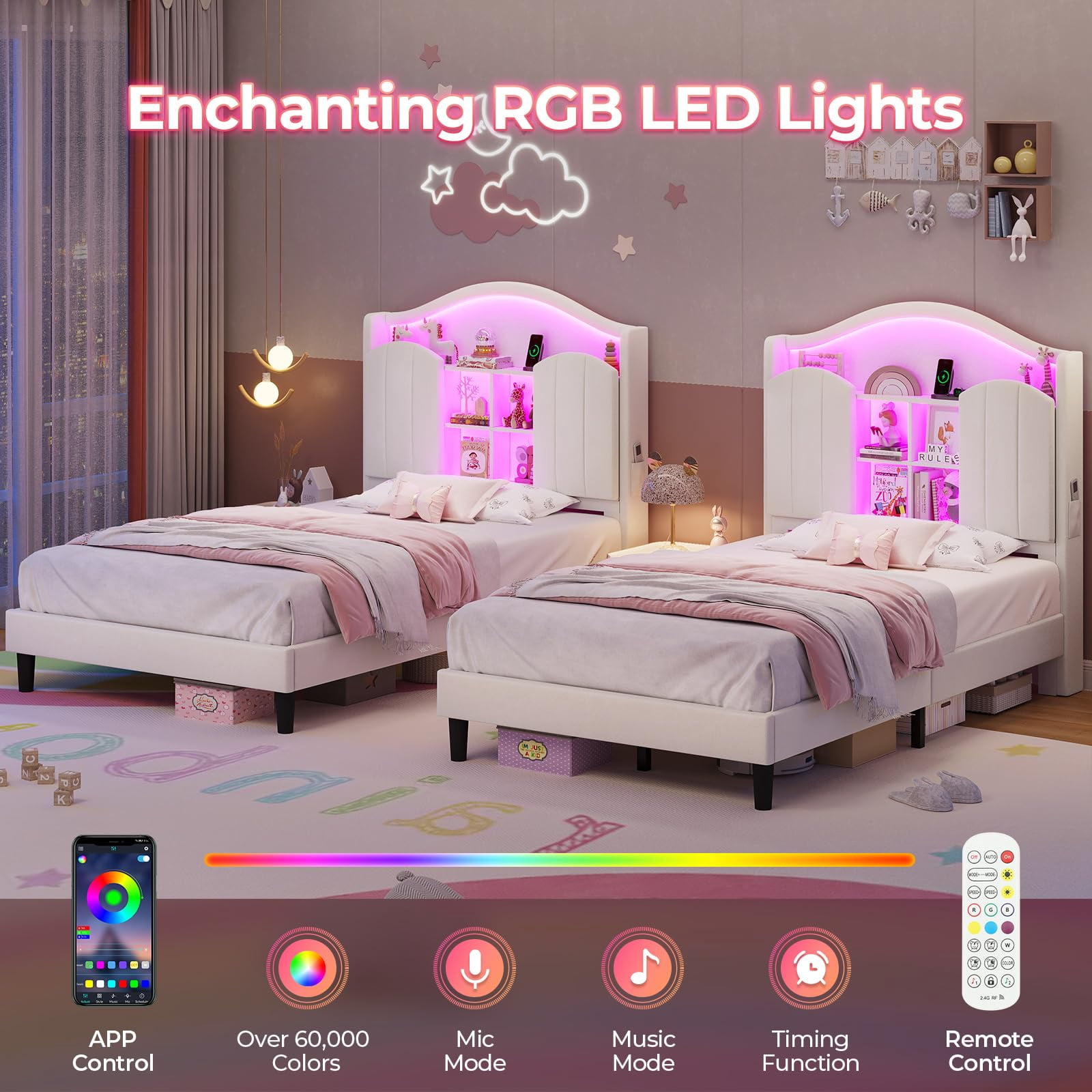 Twin Girl Bed with LED Lights & Charging Station,Platform Twin Size Princess Bed Frame, Upholstered Storage Headboard,No Box Spring Needed,Easy Assembly, Beige