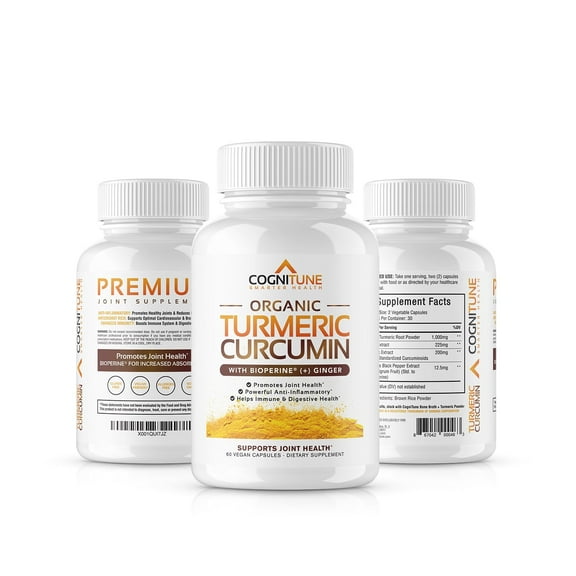 Cognitune Organic Turmeric Curcumin (95% Curcuminoids), Ginger & Bioperine, Potent Antioxidant, Joint Health Support, Dietary Supplements - 1425mg
