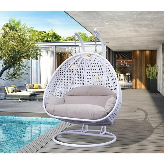 2 Person Hanging Egg Chair - Wicker Patio Swing with Stand & Cushion - Indoor Outdoor Seating