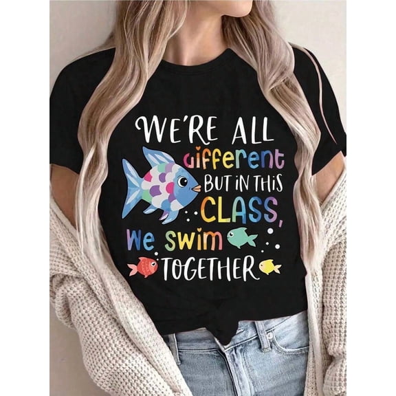 Inspirational Teacher Graphic T-Shirt for Women, Classroom Fish Theme Tee, Kindness and Inclusion School Shirt, Casual Crew Neck Short Sleeve Teacher Appreciation Gift Top