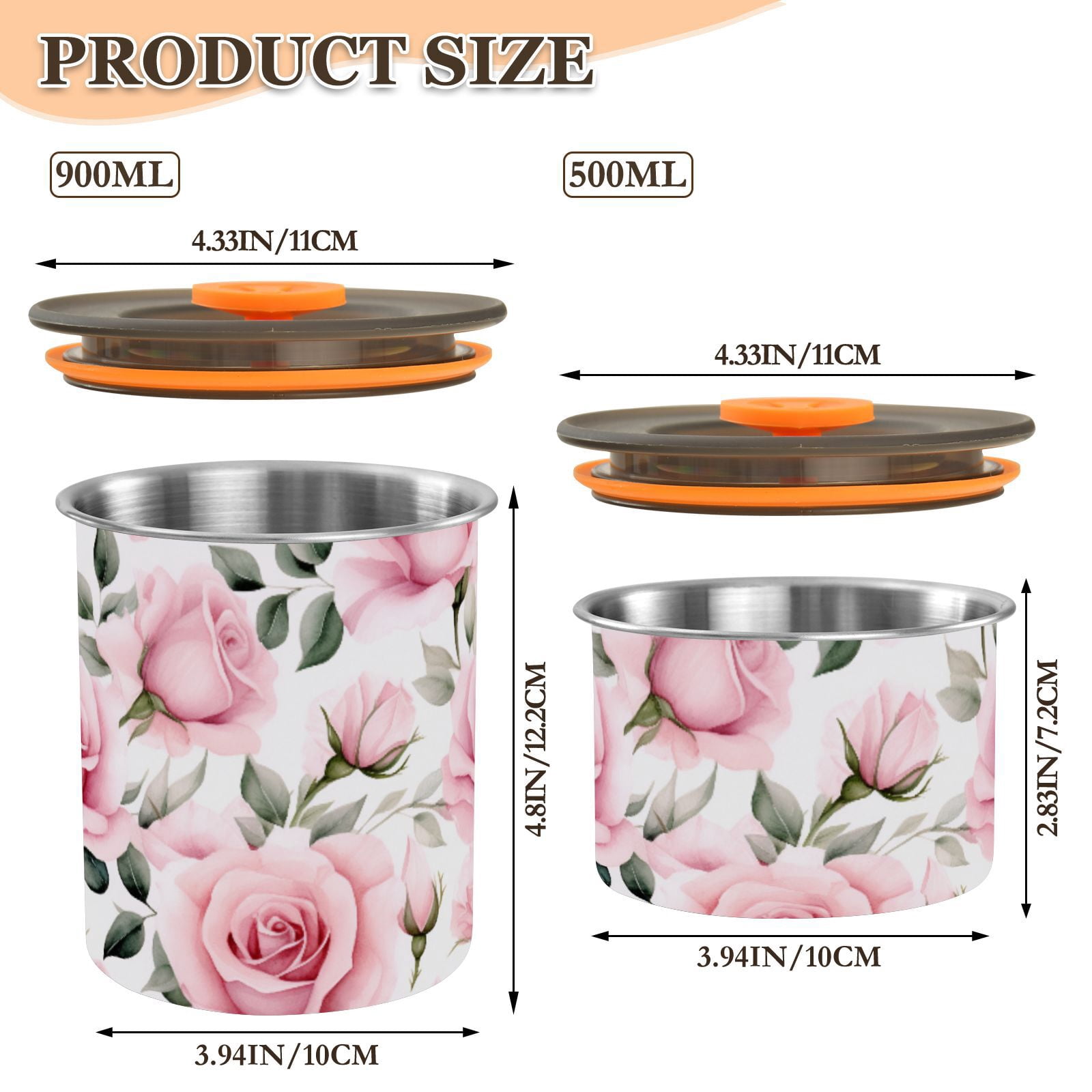 Pink Rose Flowers Airtight Coffee Bean Canister 30oz Food Storage Containers with Lids For Gournd, Tea, Sugar, Flour, Rice, Cereal, Candy Cookie Jar