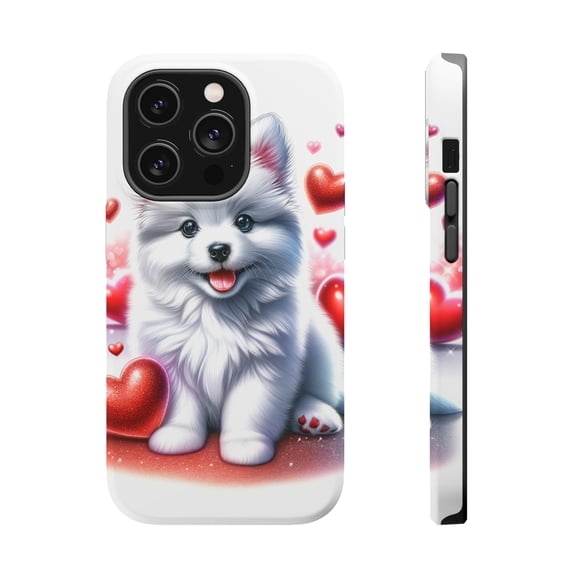 DistinctInk Tough Case for Apple iPhone 13 Pro MAX (6.7" Screen), Compatible with MagSafe Charging - Valentine's Day American Eskimo Dog Puppy