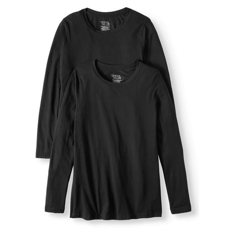 Pima Crewneck Tee - Time and Tru Women's Long Sleeve Crewneck T-Shirt, 2 Pk Bundle