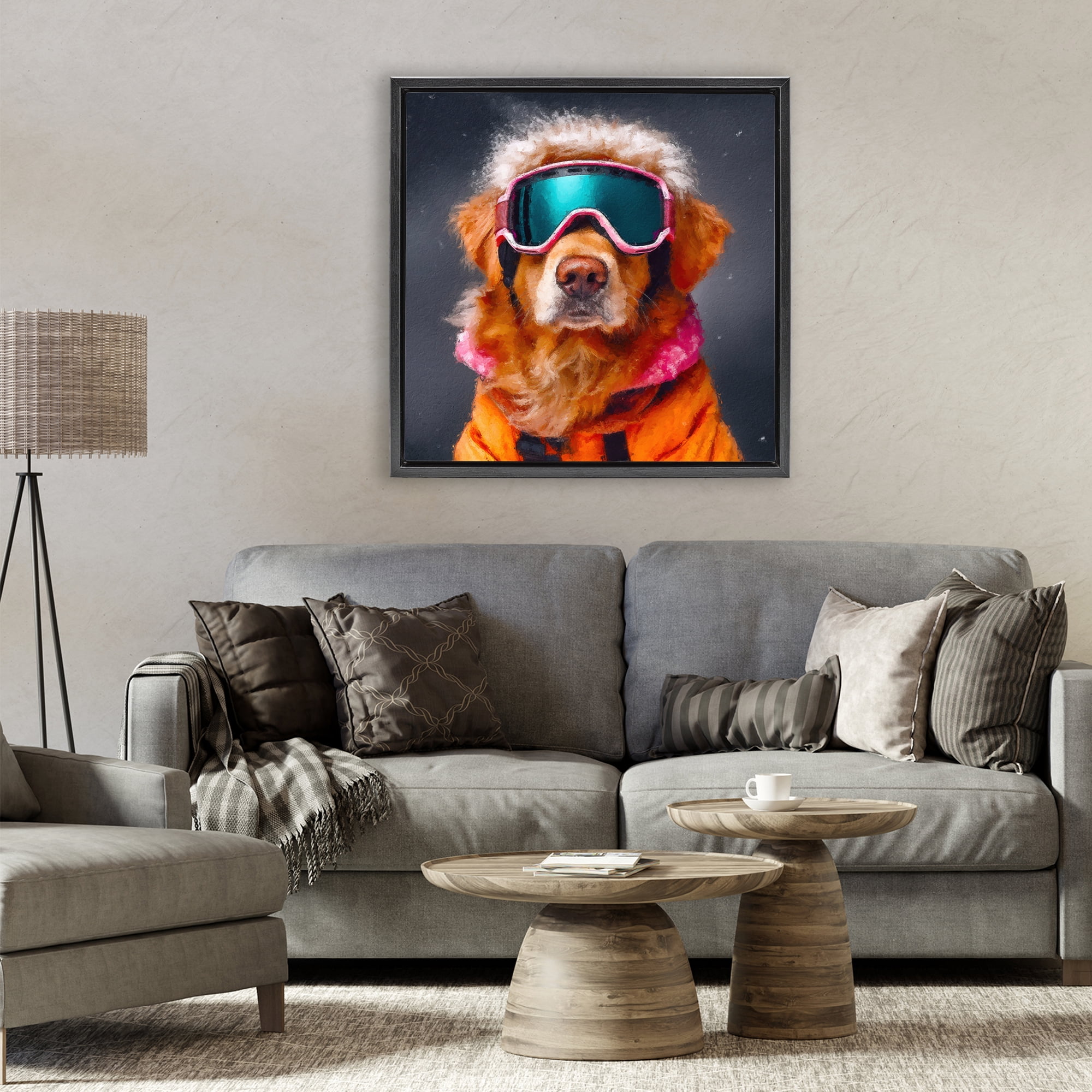 Ski Dog with Goggles Black Framed Floater Canvas Wall Art, design by Sean Parnell