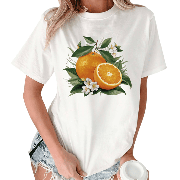 White Print Tshirt Graphic Tees Shirts S-5XL Citrus Orange Blossom Print Casual Trendy Tops