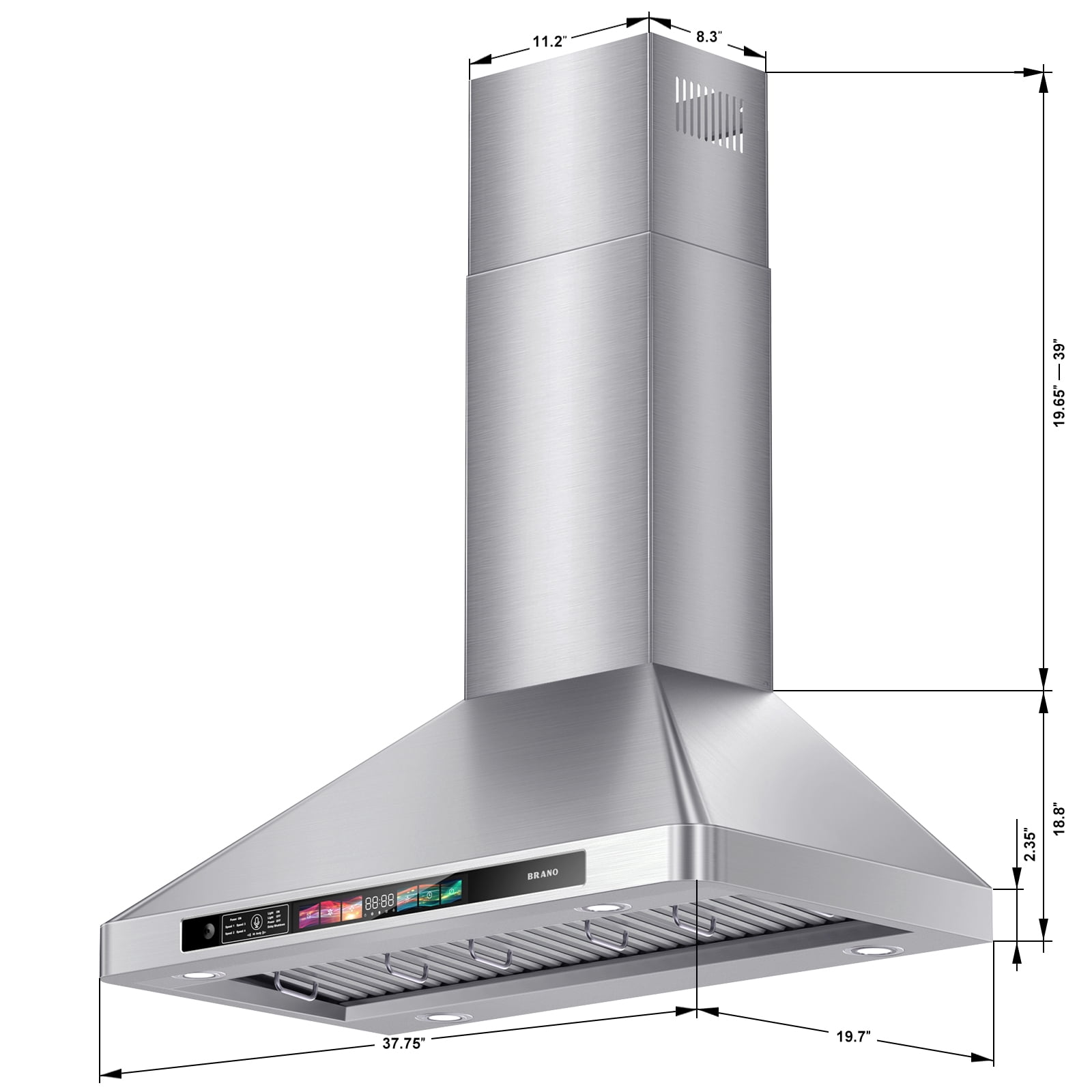 BRANO 30-Inch Wall-Mount Range Hood, 900CFM Powerful Suction, Stainless Steel Body,  Voice/Gesture/Touch Control,   Convertible Ducted/Ductles