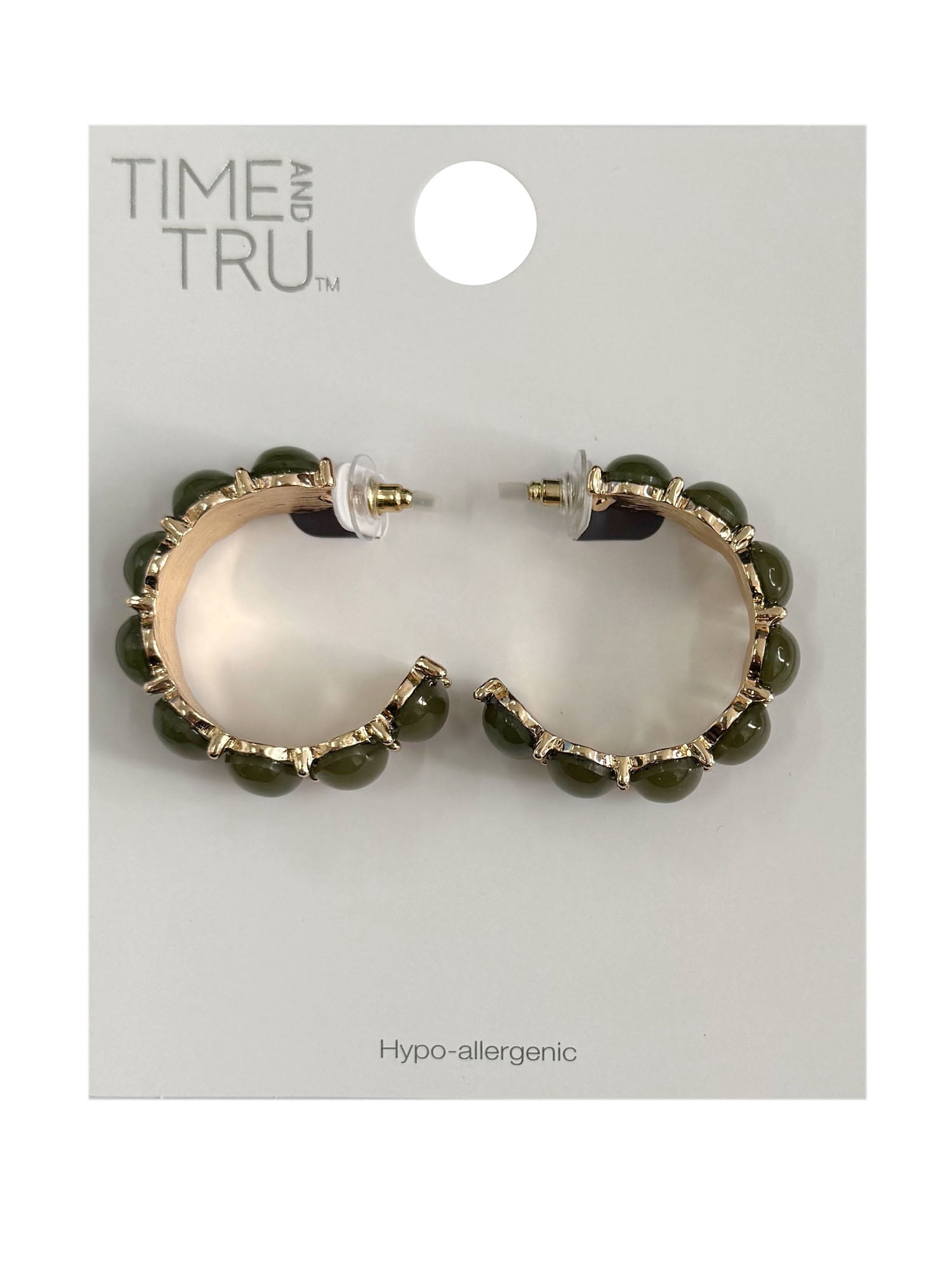 Time and Tru Cabochon C-Hoop Earrings Gold Plated and Green for Female Adults and Teens