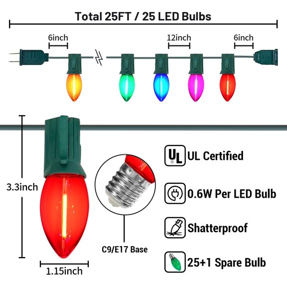 FGERFE-C9 LED Christmas Lights Outdoor Waterproof, 25Ft Shatterproof Colored Christmas Lights LED Multicolor C9 Outdoor Christmas Lights for House Christmas Tree Yard Garden Decor, 25 1 LED Bulbs, 0.