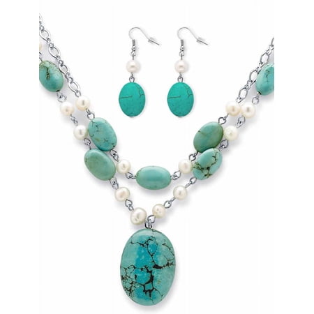 PalmBeach Jewelry Genuine Turquoise and Cultured Freshwater Pearl Silvertone Necklace and Earrings Set 17