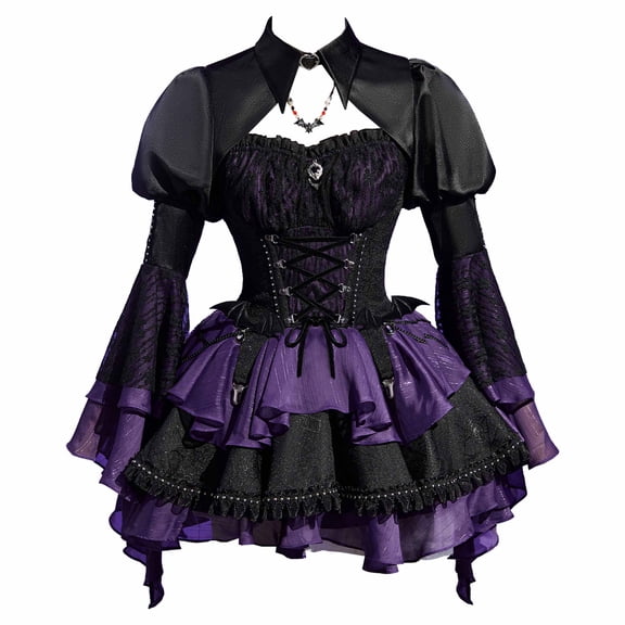 MEOWCOS Womens Gothic Black Purple Corset Skirt Set Lace-up Corset and Layered Skirt with Cover-up