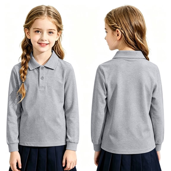 Kids School Uniform Long Sleeve Polo Shirts Girls String Pique Uniform Shirts Fall Color Block Button Up Tee Tops For Boys And Girls