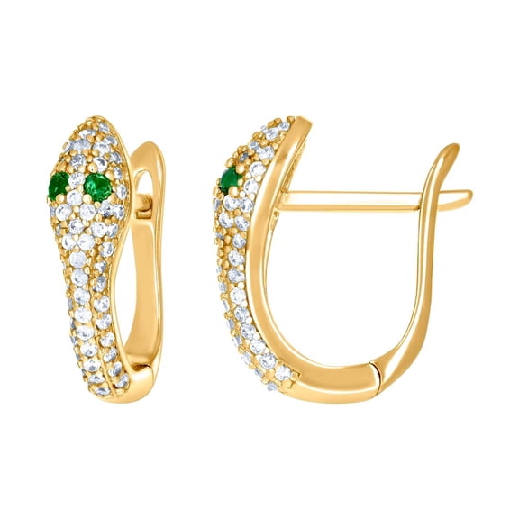 925 Sterling Silver Yellow-tone Womens Green White Cubic Zirconia Snake Fashion Latch Back Earrings 14.7x4.4mm Wide Stud