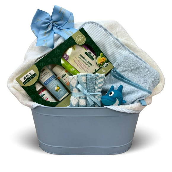 Newborn Baby Boy Bath Gift Basket with Hooded Towel, Washclothes, Vegan & Hypoallergenic Soap and Lotion