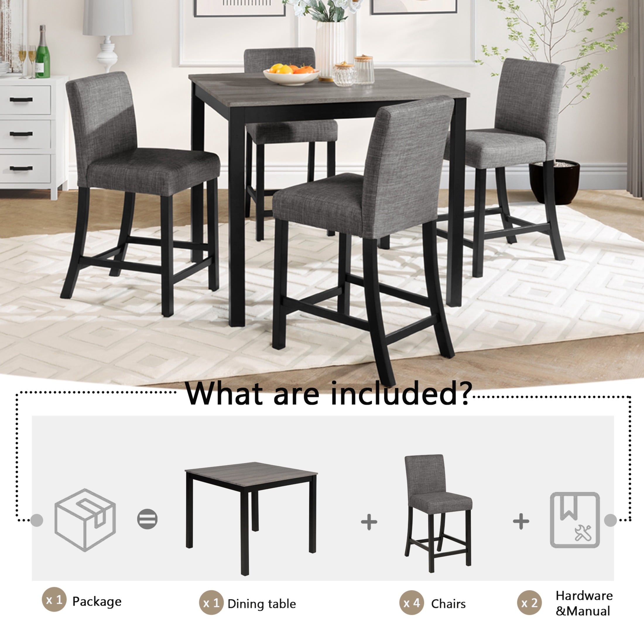 Noble House 5-Piece Counter Height Square Dining Table Set with Upholstered Chairs for 4, Light Gray+Black