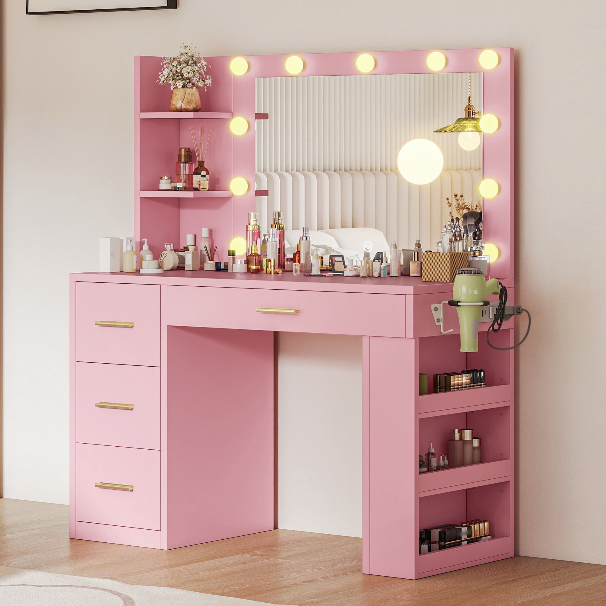 Uforic 40-inch Pink Makeup Vanity Desk with LED Mirror, Drawers, Shelves, & Power Outlets