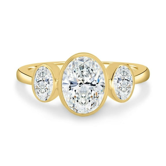 Oval Cut Three Stone Bezel Set Trilogy White Moissanite or Lab-Grown Diamond Engagement Ring 3.00 Carat, Gold Size- (5 - 13) Available