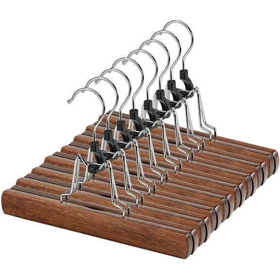 12 Pack Wooden Pants Hangers with Clips Non Slip Skirt Hangers Walnut Trouser Clamp Hanger Solid Wood Hanger with 360° Swivel Hook