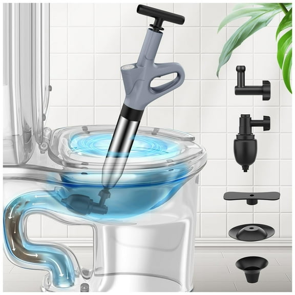Toilet Auger and Plunger Combo, High Pressure Air Drain Blaster for Hair Grease Clogs, Mechanical Force No Chemicals, Bathroom Tool, Grey