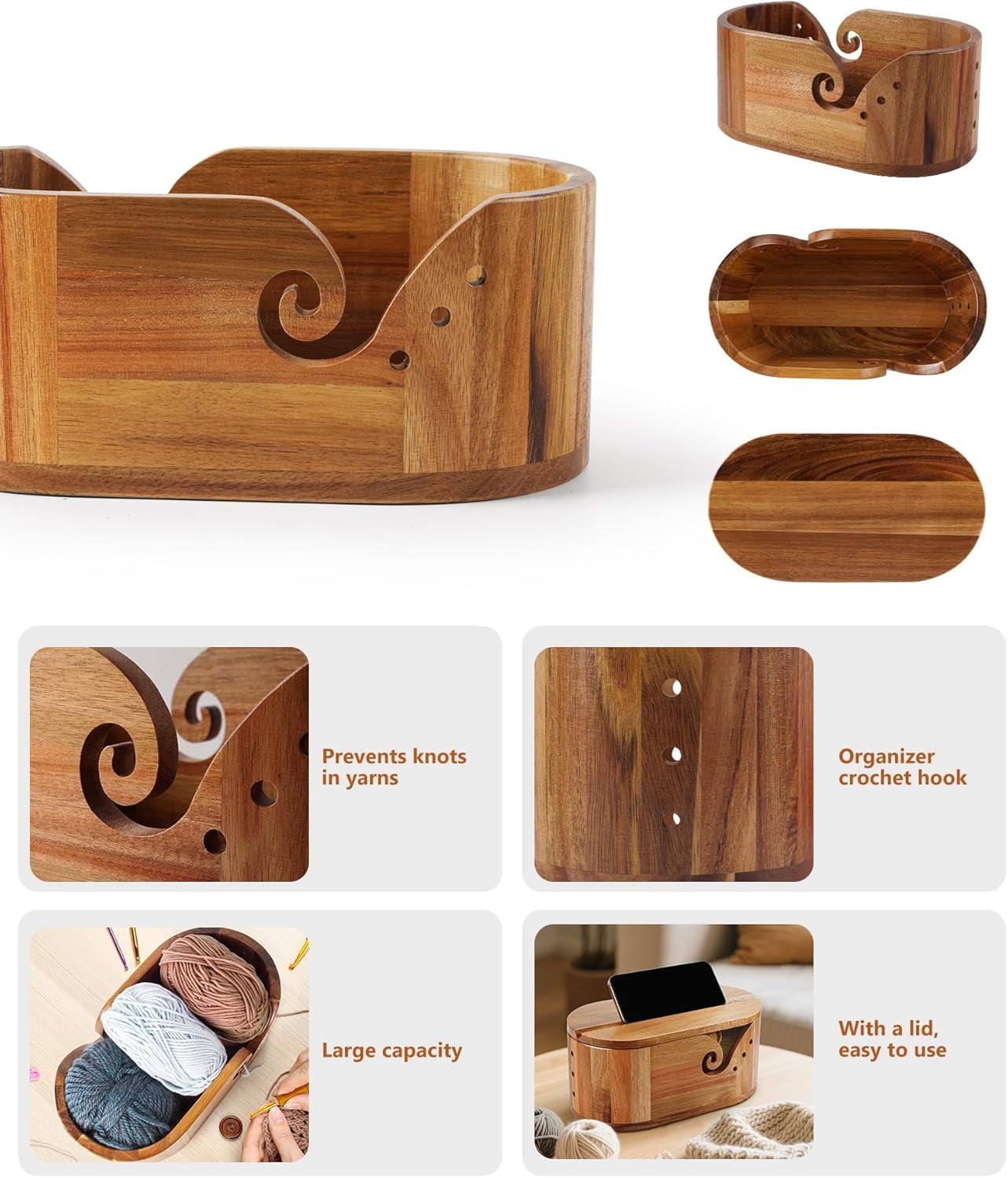 DoubleFill Oval Wooden Yarn Bowls for Knitting, Acacia Crochet Yarn Holder with 9pcs Hooks and Lid Crochet Knitting Storage Bowl for Knitters Gift Craft, 11.2" x 6.1"x 4.8"