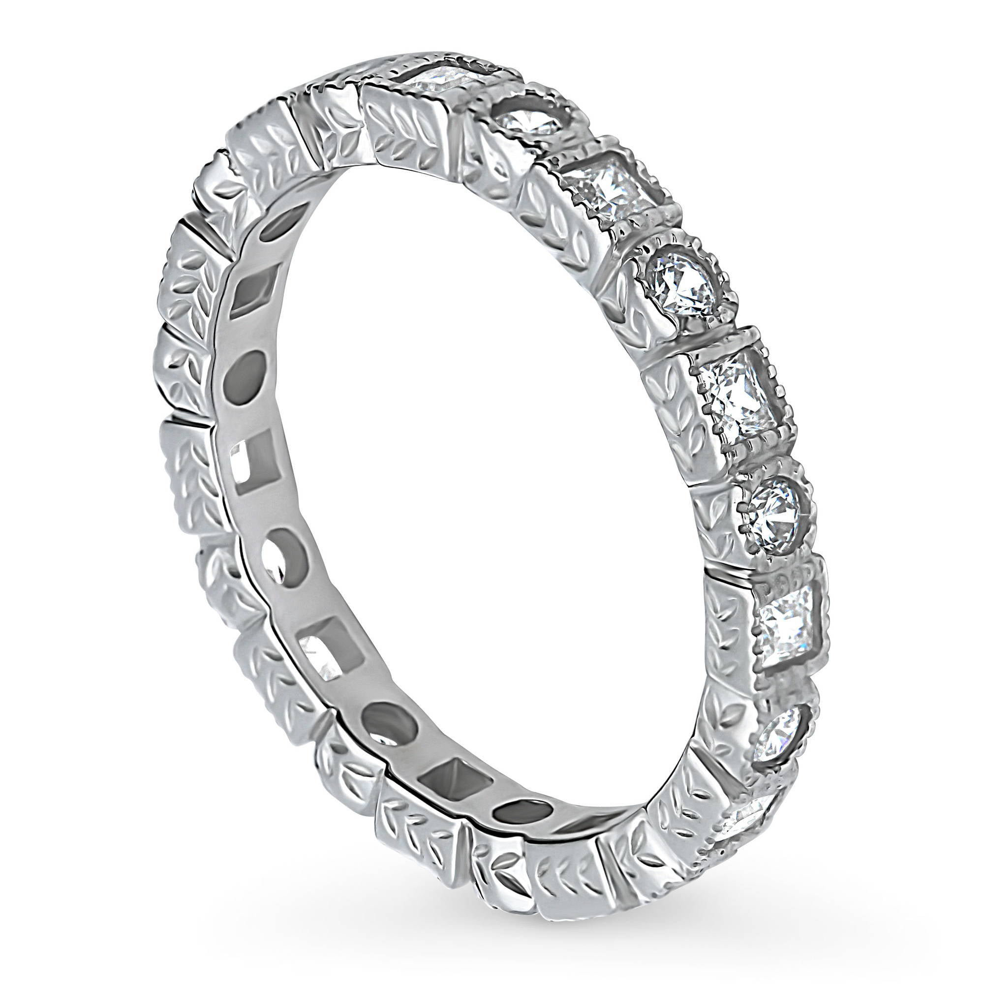 BERRICLE Rhodium Plated Sterling Silver Cubic Zirconia CZ Art Deco Anniversary Wedding Half Eternity Band Ring