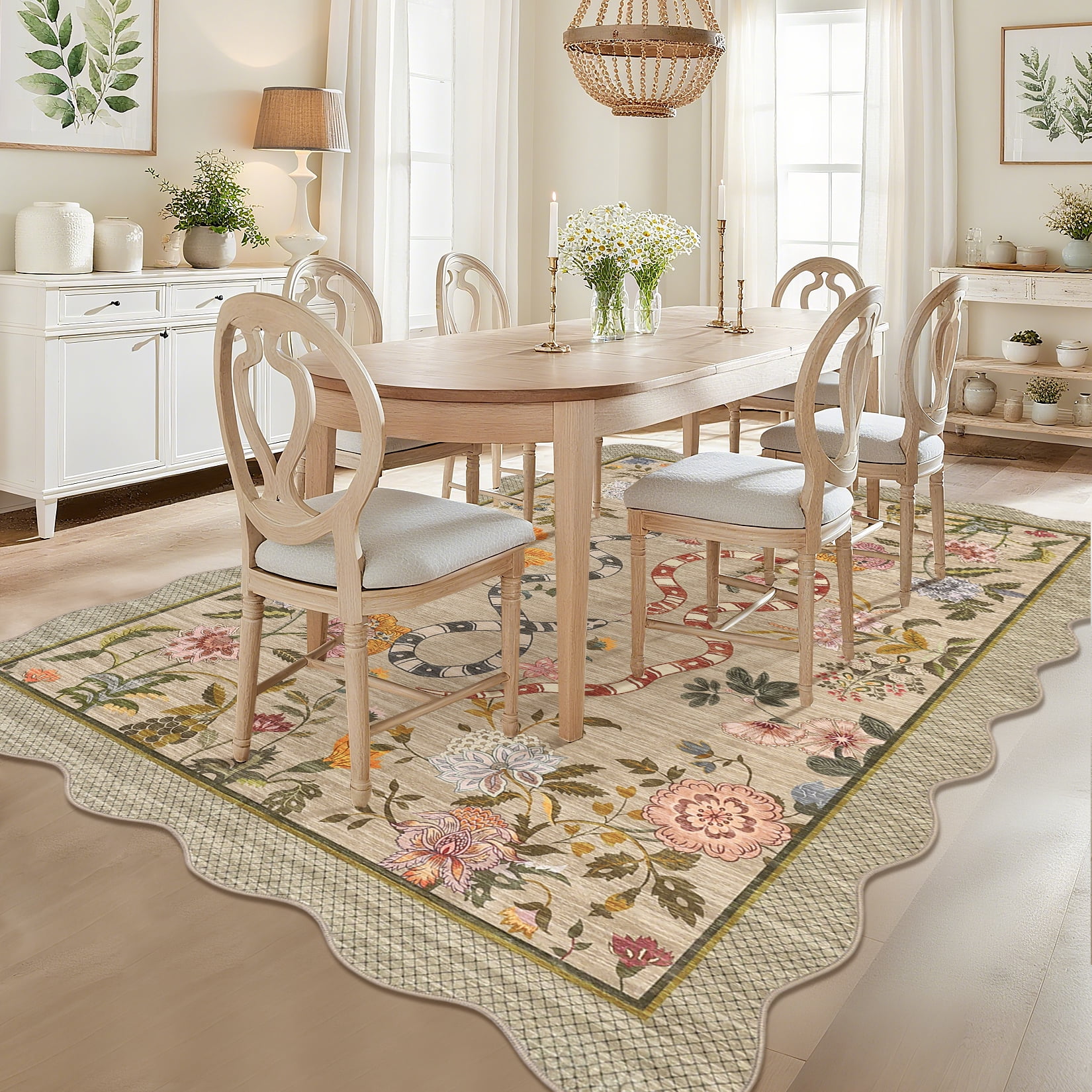 HOMERRY Area Rug 5' x 7' Rugs for Living Room Modern Washable Indoor Scalloped Snake Animal Floral Print Carpet, Brown