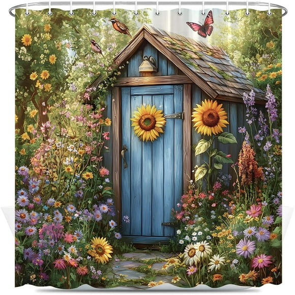 Outhouse Shower Curtain Farmhouse Floral Sunflowers Wildflowers Butterflies Rustic Cottage Spring Summer Country Nature Garden Bathroom Decor Set Polyester Fabric with Hooks 70X88 Inch