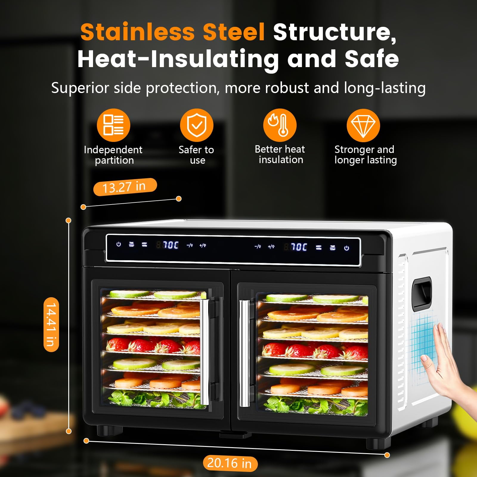 Auseo 1200W Food Dehydrator, Dehydrator Machine with Digital Pannel, Adjustable Temperature & 72H Timer, 2 Zone, 16 Trays for Fruits, Vegetables and Meat